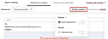 Display options menu in the email editor preview screen.