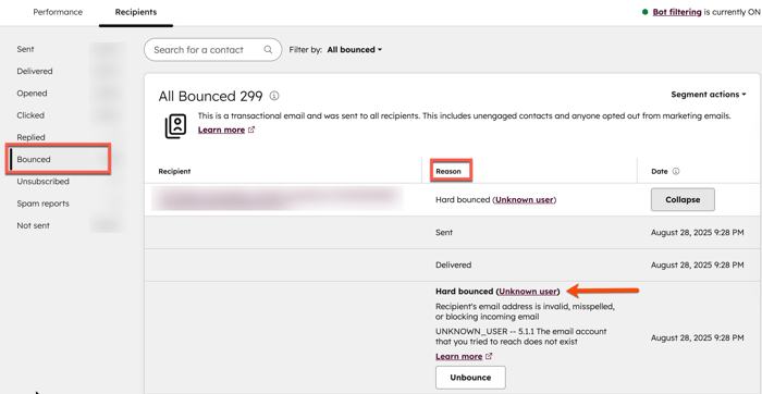 Bounce reason details for a bounced contact in the "Recipients" tab of an email's performance page.