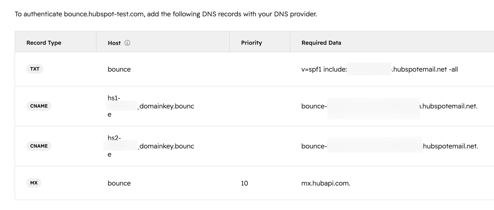 Screenshot of example DNS records that need to be added to finish setting a custom return path.