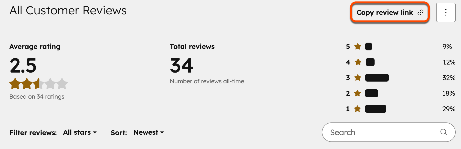 Screenshot of the Customer Feedback tab. The "Copy review link" button in the top right is highlighted.