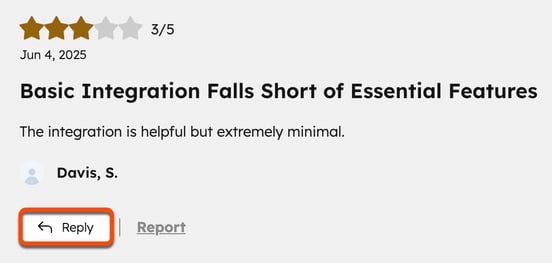 Screenshot of a review, with the "Reply" button beneath the review highlighted.