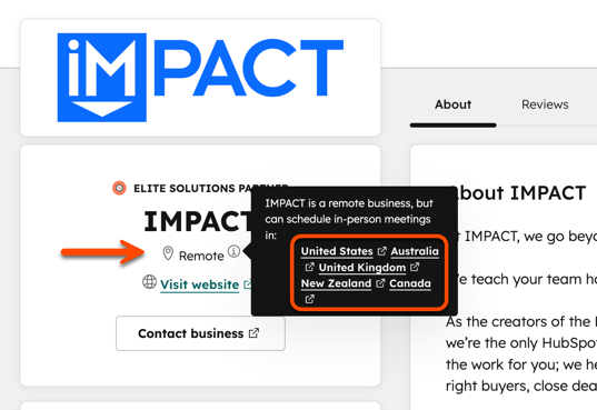 Screenshot of a Solutions Directory Profile for a remote partner. The box that appears when you hover over "Remote" is highlighted.