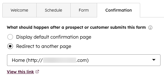 The 'Redirect to another page' option on the confirmation step, with a dropdown to select a HubSpot page.
