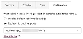 The Redirect to another page option on the confirmation step, with a dropdown to select a HubSpot page.