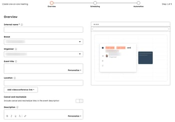 Screenshot of the Overview tab in HubSpot's scheduling page setup, showing fields to enter basic meeting information.