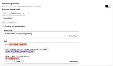 Setting a pre-meeting reminder email to be sent a specified time before the meeting on a HubSpot scheduling page.