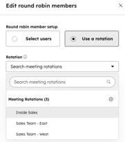 Selecting a meeting rotation from a dropdown menu to assign team members for a round robin scheduling page.