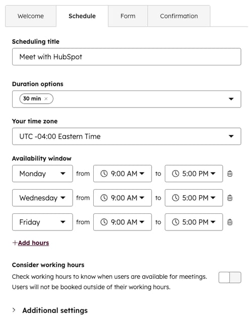 Setting the availability window for a scheduling page, including days of the week, time slots, and the 'Consider working hours' toggle.
