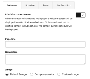 The image customization options for a scheduling page's welcome screen, with choices for default, company, or custom images.