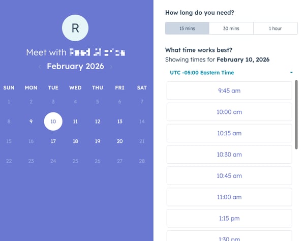The meetings scheduler page, with a calendar on the left, and available times to select on the right.