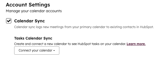 Calendar settings, showing a selected checkbox for Calendar Sync and a dropdown menu labeled Tasks Calendar Sync.