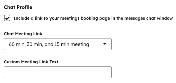 Calendar settings, showing a checkbox selected for Include a link to your meetings booking page in the messages chat window. Additional settings are shown to choose the Chat Meeting Link and provide Custom Meeting Link Text.
