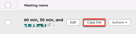 A meetings link, with the Copy link button highlighted.