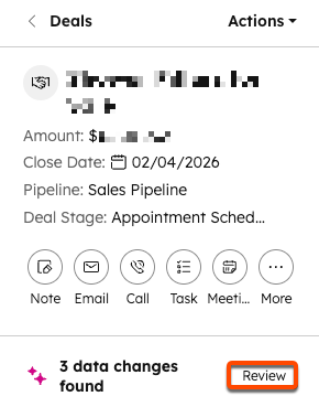A deal record highlights card, with the message 3 data changes found at the bottom of the card. The Review button next to the message has been highlighted.
