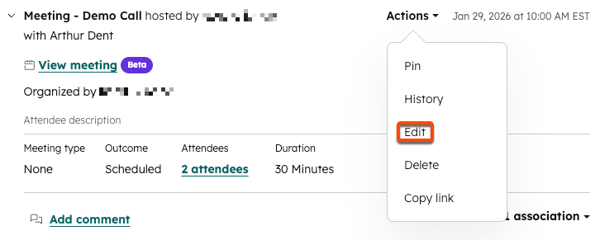 A screenshot showing the Edit option in the Actions menu in the upper right of a meeting activity, on a contact record.