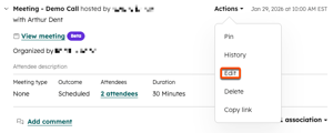 A screenshot showing the Edit option in the Actions menu in the upper right of a meeting activity, on a contact record.