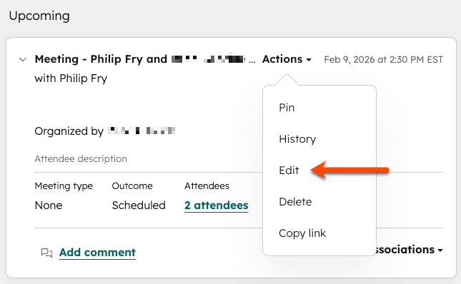 A meeting engagement record, with the Actions button selected, and the Edit option highlighted.