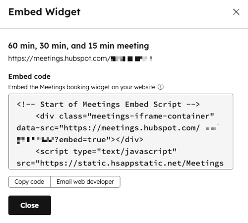 ミーティング予約ウィジェットの埋め込みコードを表示する埋め込みウィジェットポップアップウィンドウ。コードの下には、[コードをコピー]ボタン、[ウェブ開発者にEメールを送信]ボタンがあります。