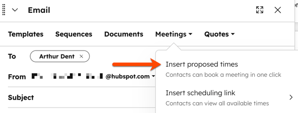 The one-to-one email editor on a contact record. The Meetings dropdown menu has been selected, and the Insert proposed times option is highlighted.