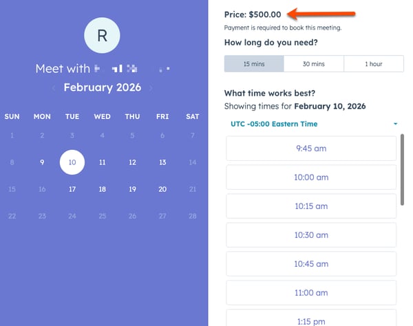 The meetings scheduler page, with a calendar on the left, and available times to select on the right. Highlighted on the top right is a field reading Price: $500.00.