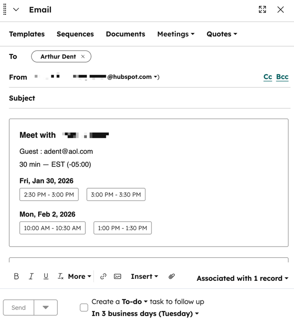 The one-to-one email editor on a contact record, with a selection of proposed meeting times included in the body of the email.