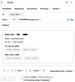 The one-to-one email editor on a contact record, with a selection of proposed meeting times included in the body of the email.