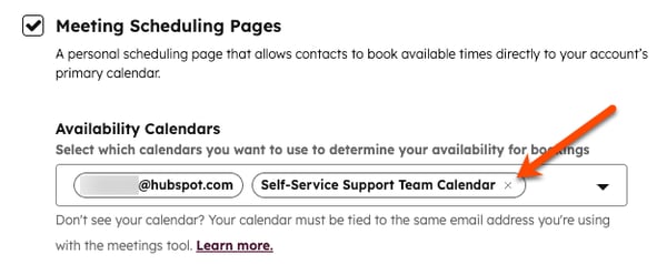 Calendar settings, showing a selected checkbox for Meeting Scheduling Pages and two calendars selected in the Availability Calendars dropdown menu. An arrow highlights the X next to the team calendar for removing that calendar from the list.