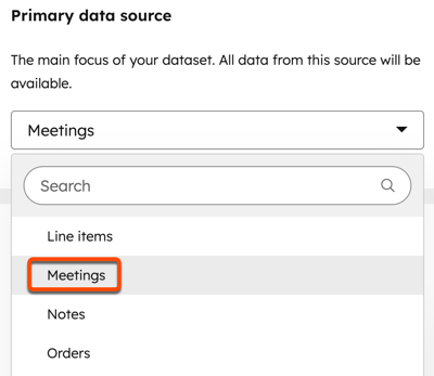 The Primary data source dropdown menu in the custom report builder, with the Meetings option highlighted.