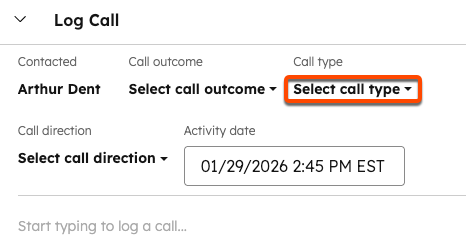 [コールの記録]ポップアップウィンドウで、右上の[コールタイプを選択]ドロップダウンメニューが強調表示されています。