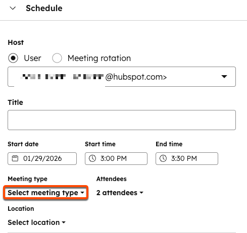 ミーティング作成のスケジュールページで、[ミーティングタイプを選択]ドロップダウンメニューが強調表示されています。