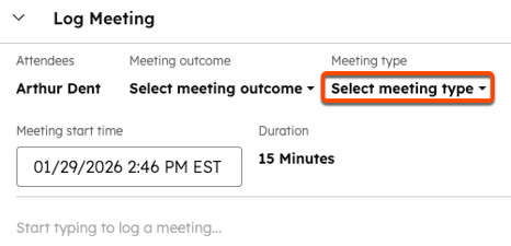 [ミーティングをログに記録]ポップアップウィンドウで、右上の[ミーティングタイプを選択]ドロップダウンメニューが強調表示されています。