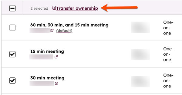 The meetings table view, with checkboxes selected for two scheduling pages and an arrow highlighting the "Transfer ownership" link at the top of the table.