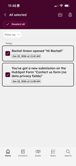 HubSpot mobile app notifications screen showing two selected notifications with options to mark as read or delete at the top.