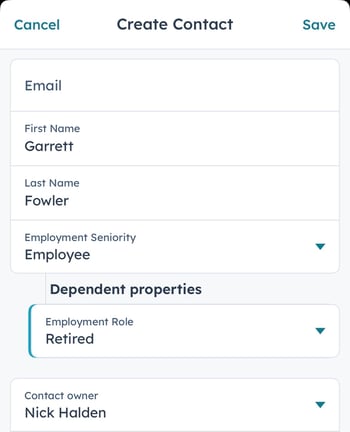 iOS create contact form showing Employment Seniority set to Employee and a Dependent properties section displaying the required Employment Role property.