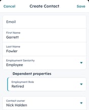 iOS create contact form showing Employment Seniority set to Employee and a Dependent properties section displaying the required Employment Role property.