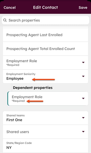 Edit Contact screen showing Employment Seniority set to Employee, triggering Employment Role as a required dependent property.
