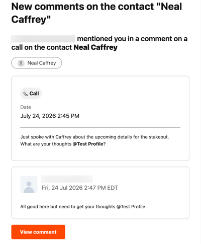 A comment notification email for the contact Neal Caffrey, showing an @mention on a call activity and a reply, with a View comment button.