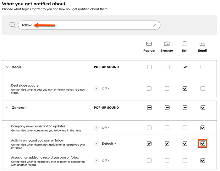 Notification preferences screen showing the “What you get notified about” section, a search field filtered by “follow,” and notification options for followed records with the Email checkbox highlighted.