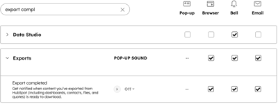 A HubSpot notification settings screen with a search for "export compl". The Export completed notification is visible, showing Browser, Bell, and Email notifications are on.
