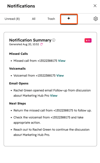 Notifications side panel with the AI icon highlighted and summary of notifications below.