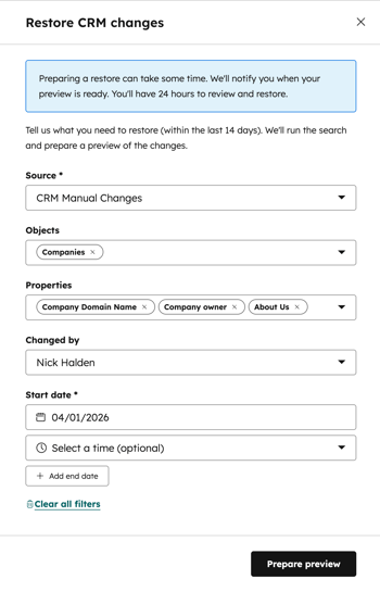 Restore CRM changes dialog with filters for source, objects, properties, user, and date, and a Prepare preview button.