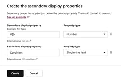 Custom object configuration settings, showing example values for secondary display properties.