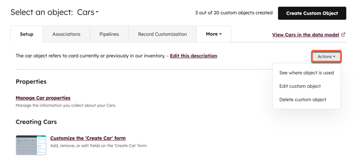 Custom object setup settings, showing options to edit, delete, and check where a custom object is used.