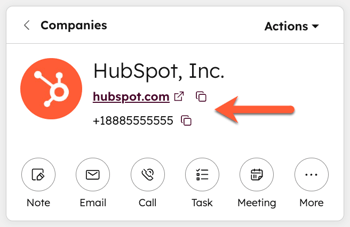 An example company record, showing the record's company domain name and phone number as example secondary display properties.