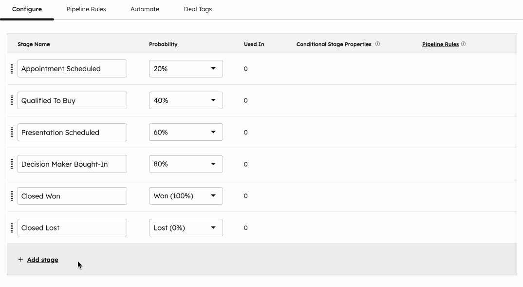 A gif displaying the steps to create a deal stage, set the probability, and reorder the stage in the pipeline.