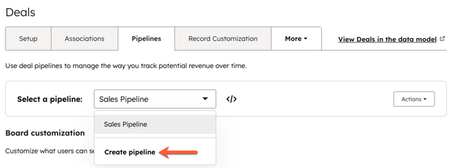 Deal pipeline settings, displaying the option to create a new pipeline.