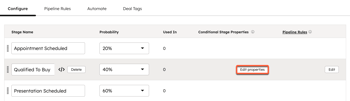 Deal pipeline configuration settings, highlighting the option to edit conditional stage properties.