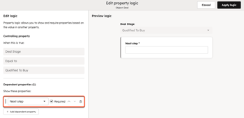 Edit property logic settings, highlighting the option to add a required dependent property.