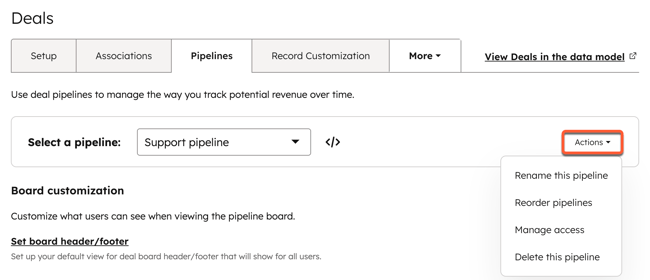 Deal pipeline settings, showing options to rename, reorder, manage, and delete a deal pipeline.