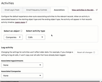Automatic activity logging settings page is displayed. The user changes company meeting settings so that the most recent meeting logs to contacts, too.